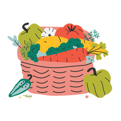 Autumn vegetales placed in wicker basket for farming fair or picnic. Organic natural wholesome food. Harvest vegetable food, hand drawn flat style.