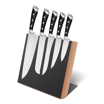 Set of professional knives on magnetic holder, rack