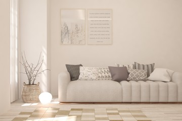 Stylish room in white color with sofa. Scandinavian interior design. 3D illustration