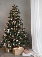 Beautiful holdiay decorated room with Christmas tree