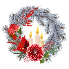 Christmas card, wreath of silver fir, candles, berries and beautiful red flowers. Round frame, digital draw illustration.
