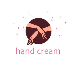 Vector hand skin care logo design concept with human lady hands illustration icon in hand drawn style isolated on light background. Hand cream emblem, moisturizer packaging badge, body care etc.