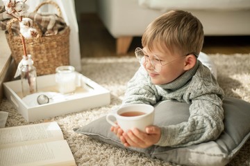 A beautiful little boy in a knitted sweater is reading by the window with a mug of hot tea. Cozy. Autumn.