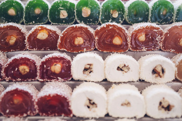 Turkish delight with hazelnut in traditional carved patterned