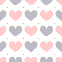 Romantic seamless pattern with repeating rough hearts and spots. Simple girly print. Vector illustration.
