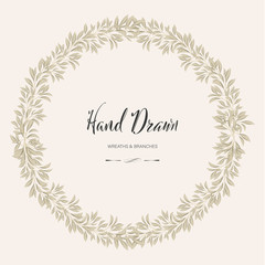 Hand drawn painted watercolor wreath. Floral round frame leaves and branches thank you card.