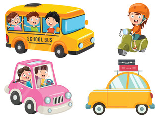 Children Using Bus, Motorcycle And Car