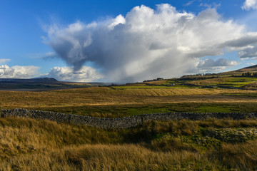 Fototapeta na wymiar Beams of light cutting through rain cloud across farmland bordered by dry stone wall in North Yorkshire
