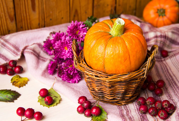 Autumn background with pumpkins in basket, berries and flowers on wooden background, copy space. Happy Thanksgiving Day Background. Halloween pumpkin. Autumn Harvest Festival. Still life with pumpkin