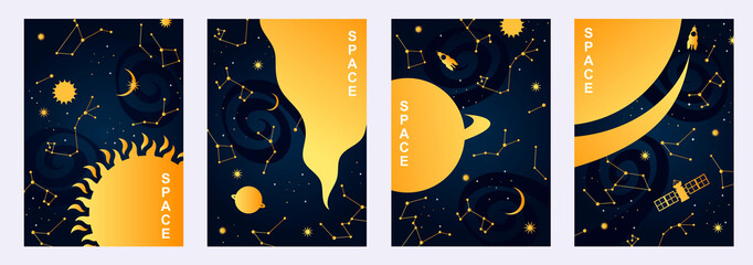Set of beautiful astrological templates for cards, covers, flyers, posters, banners. Constellations in the sky. Space design. Zodiac signs. Vector illustration