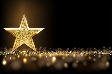 Golden sparkling star isolated on dark luxury horizontal background. Vector design element. - obrazy, fototapety, plakaty