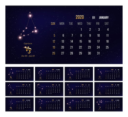 2020 zodiac calendar vector illustration