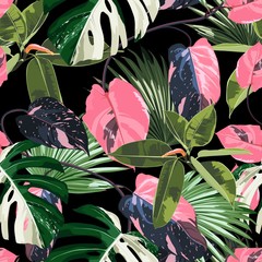 Tropic summer painting seamless pattern with exotic pink liana branch and palm monstera leaves. Trendy exotic flower wallpaper on dark background.