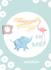 Little baby elephant and pink Flamingo. Baby shower card. Isolated baby elephant on background. For greeting, honoring, celebration postcard. Watercolor cute nursery cartoon illustration.