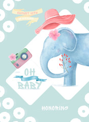 Little baby elephant and pink Flamingo. Baby shower card. Isolated baby elephant on background. For greeting, honoring, celebration postcard. Watercolor cute nursery cartoon illustration.