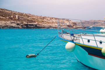 Obraz premium Luxury white yacht mediterranean walk beach Blue Lagoon Comino Malta
