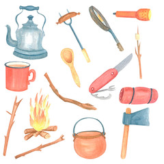 watercolor clipart with camping elements, bonfire, kitchenware