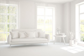 Mock up of stylish room in white color with sofa. Scandinavian interior design. 3D illustration