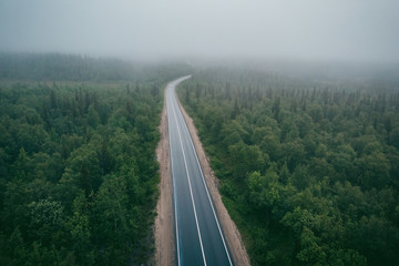 Forest fog road, dramatic mood. Aerial view.