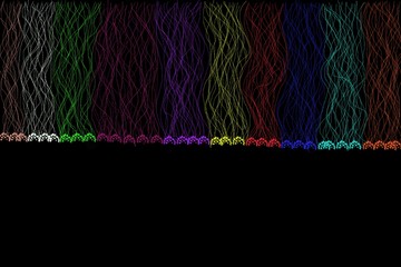 Illustration of multi-colored threads on a black background. Drawn scrap of fabric. Template for greeting card, background for text.