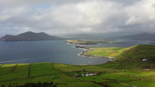 Beautiful view of Valentia Island Lighthouse at Cromwell Point. Locations worth visiting on the Wild Atlantic Way. Scenic Irish countyside on sunny summer day, County Kerry, Ireland.
