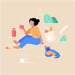 A woman sits in the park and drinks coffee or tea. Flat style vector design