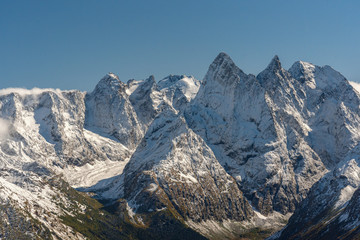 snow-capped peaks of Mount Chotcha in the gorge of the Gonachkhir River in the Teberda Nature Reserve
