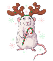 Hand drawn portrait of rat in Christmas accessories Vector.