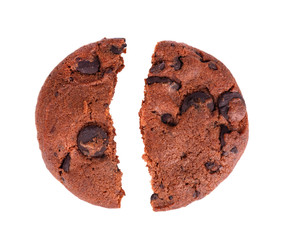 Double chocolate chip cookies isolated on white background. Cookies with chocolate drops. Sweet biscuits. Homemade pastry.