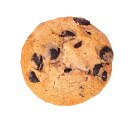 Chocolate chip cookie isolated on white background. Cookies with chocolate drops. Sweet biscuits. Homemade pastry. Top view.