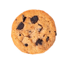 Chocolate chip cookie isolated on white background. Cookies with chocolate drops. Sweet biscuits. Homemade pastry. Top view.