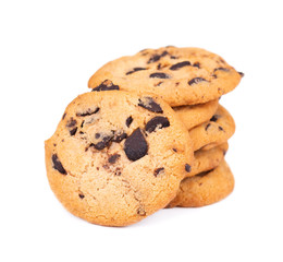 Chocolate chip cookie isolated on white background. Cookies with chocolate drops. Sweet biscuits. Homemade pastry.