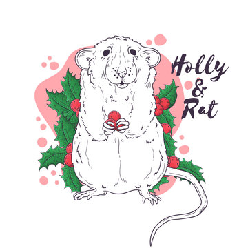 Hand drawn portrait of rat in Christmas accessories Vector.