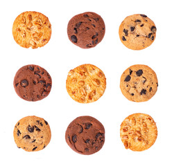 Set of cookies with peanuts and double chocolate isolated on white background. Sweet biscuits. Homemade pastry. Top view.
