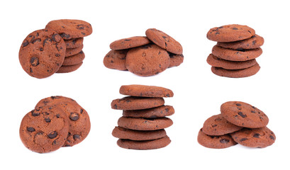 Set of double chocolate chip cookies isolated on white background. Cookies with chocolate drops. Sweet biscuits. Homemade pastry.
