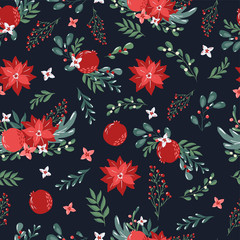 Seamless pattern with hand drawn poinsettia flowers and floral branches and berries, mistletoe, christmas florals. Repeating background for wrapping paper, fabric, stationary products decoration.