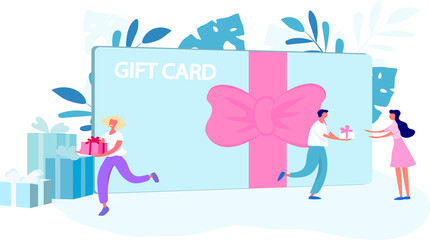 Gift card coupon for concept design, gift voucher, discount coupon and gift certificate concept. Vector flat illustration with  people and floral elements. 