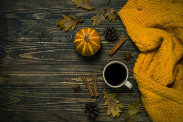 Autumn flat lay background on wooden table.