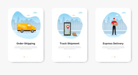 Express online delivery service app, tracking an order using smartphone, delivery man and van on city background. Onboarding screens templates for web site. Flat vector illustration