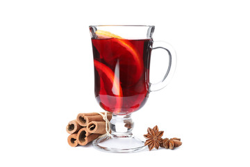Glass of mulled wine with orange and cinnamon isolated on white background