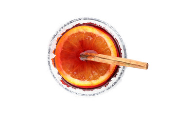 Glass of tasty mulled wine isolated on white background, top view