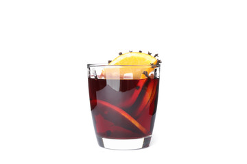 Glass of tasty mulled wine with orange isolated on white background