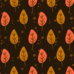Seamless pattern of autumn leaves. Various leaves on dark brown background. Hand drawn illustration for textile print, wrapping paper, wall art design, wallpaper