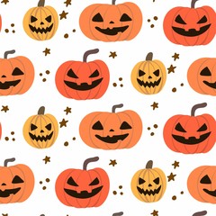 Seamless Halloween pattern with happy pumpkins on white background. For textile, wrapping paper, banner