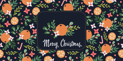 Horizontal Merry Christmas cover banner with hand drawn floral branches and berries on dark background