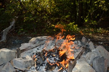 Bonfire, coal and stones in the forest.