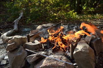 Bonfire, coal and stones in the forest.