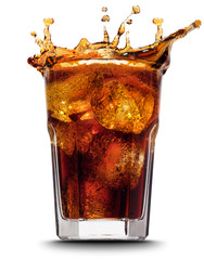 Cola splashing out of a glass., Isolated white background.