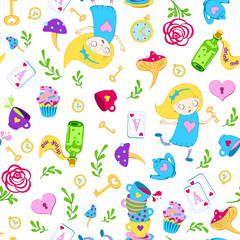 Cute bright multicolor seamless pattern with key, clock, roses on white background. Alice in Wonderland background for fabric, wrapping, wallpaper. Decorative print. Vector illustration