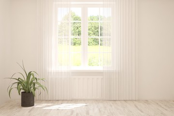 Stylish empty room in white color with summer landscape in window. Scandinavian interior design. 3D illustration
